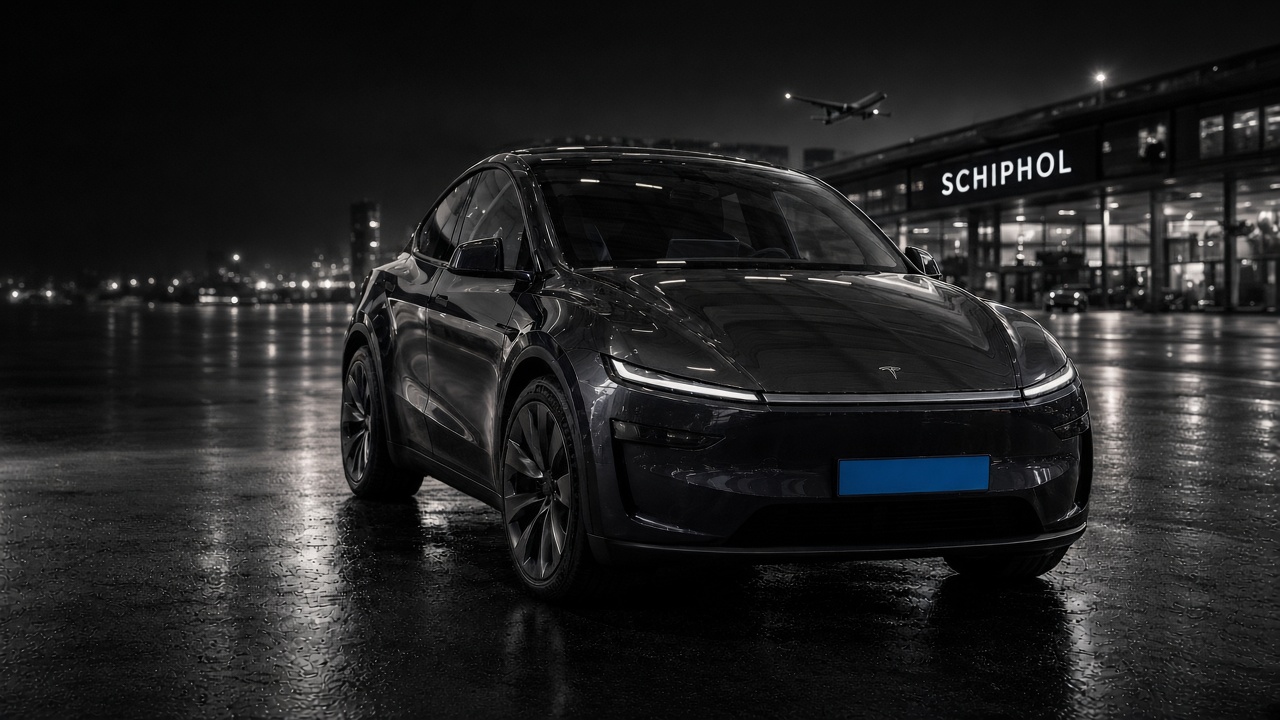 Tesla Model Y taxi met blauwe taxiplaat bij Schiphol